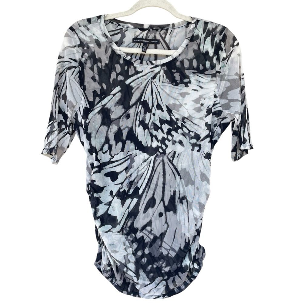 White House Black Market Abstract Print Mesh Ruched Sleeve Top Size Large